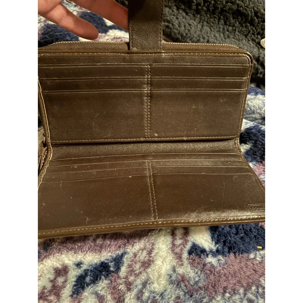Coach Signature Monogram Bifold Wallet Brown Tan Canvas Leather Zip Accordion‎